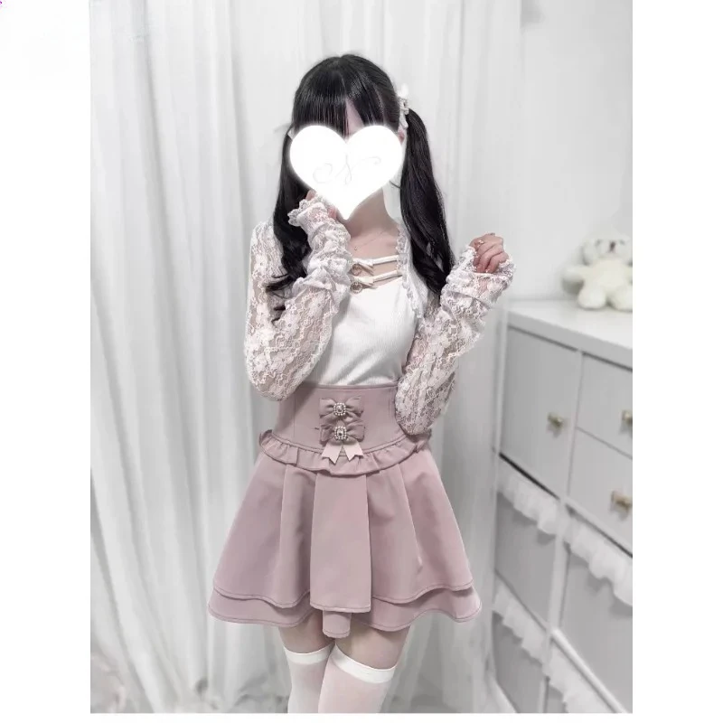 Słodkie, urocze dziewczęce uniwersalne bluzki z długim rękawem, japońskie wiosenne i letnie nowe bluzki z kokardkami, koronkowymi wstawkami i dzianinowymi topami.