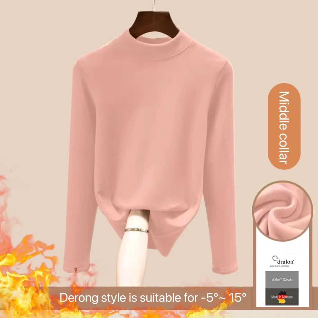 1 Uds. Camiseta de manga larga de Otoño Invierno para mujer, ropa interior térmica de terciopelo grueso, Top ajustado a la moda, nuevo estilo, Top de cuello redondo