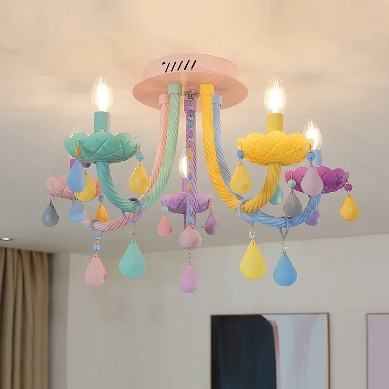 Modern Macaron Colorful Crystal Chandelier Rainbow Candle Lustres American Girl Princess Children Room Luminaire Light Fixtures