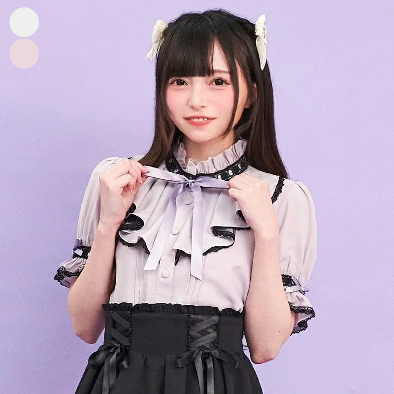 Summer Japanese Rojita Short-sleeved Shirt Heavy Industry Lolita Cute Sweet Blouse Wooden Ear Edge Lace Splicing Lace-up Blusas