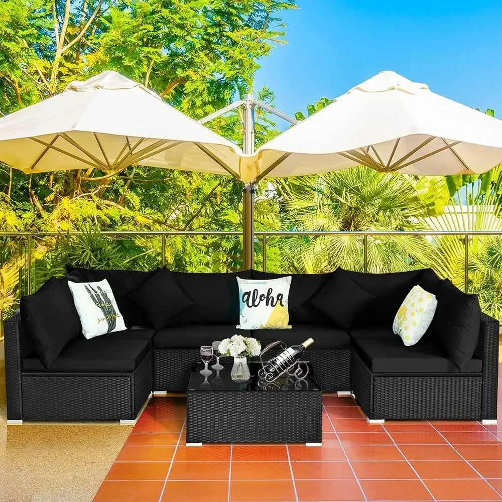 6-Seat Outdoor Wicker Patio Furniture Set with Coffee Table and Cushions, Ideal for Garden, Balcony, or Poolside, Black