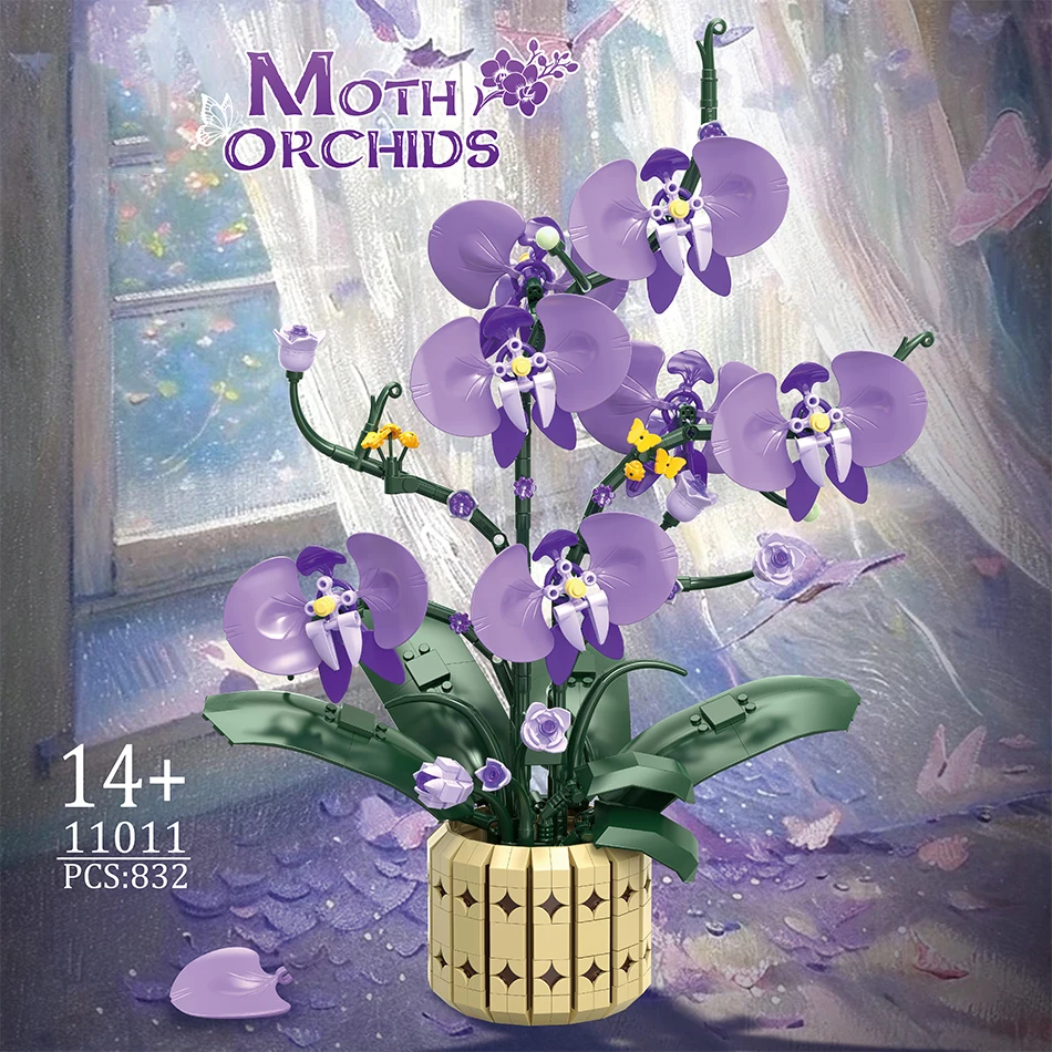 

Creative Moth Orchids Bouquet Potted Building Blocks Flower Home Desk Plant Decoration Assemble Bricks Toy Gift For Kids Girls