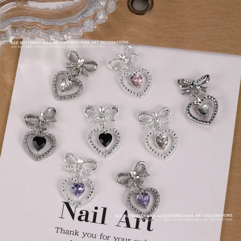10 SZTUK Luksusowych Zawieszek do Paznokci z Kokardką ze Stopu, Ozdobne Serduszka z Cyrkoniami, Akcesoria do Dekoracji Paznokci, Narzędzia do Manicure