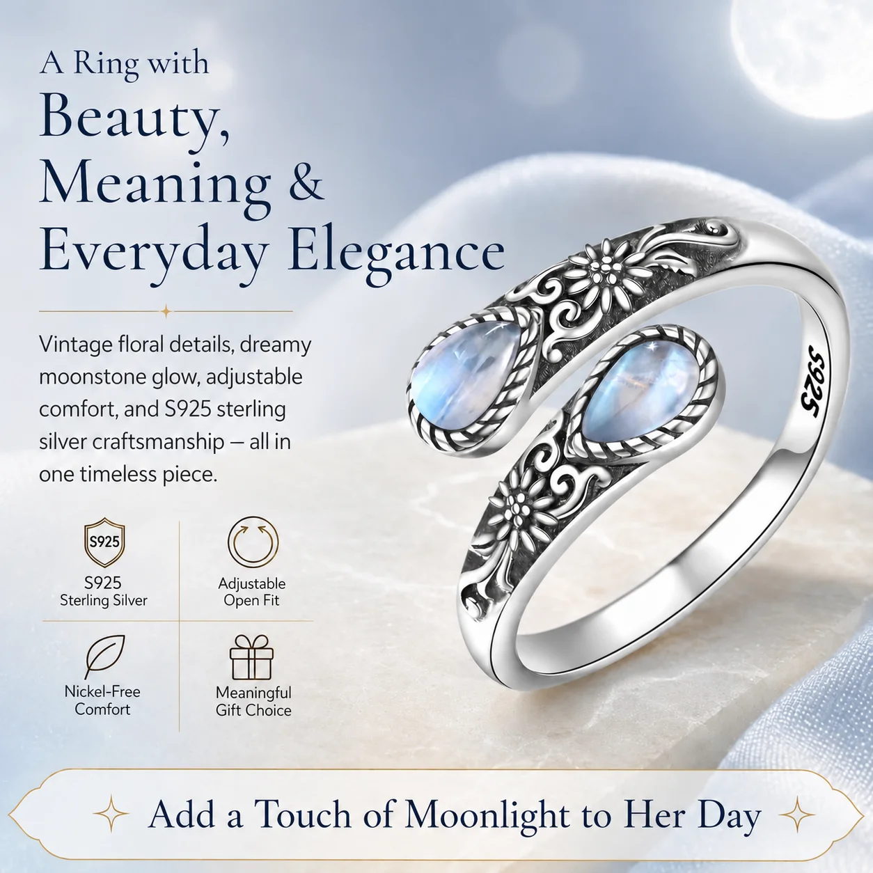 Bohemian Ring Nickel-Free Vintage Ring Moonstone Ring Timeless For Sensitive Skin Dating Most Finger Sizes