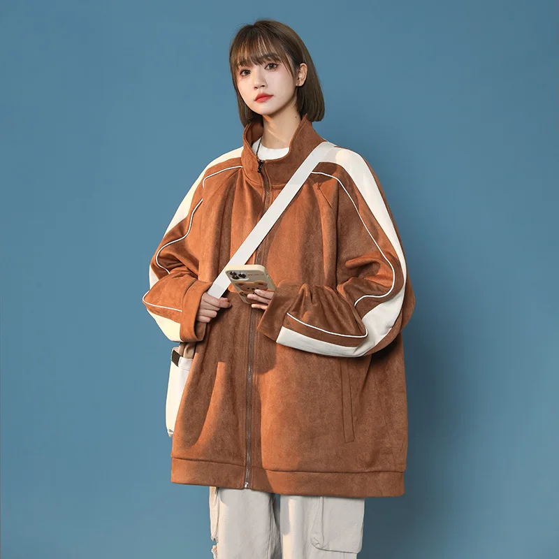 

Men's Suede Jaet Spring Autumn Design Reflective Strip Splicing Color Blo Stand Collar Outerwear for Teenagers And Couples