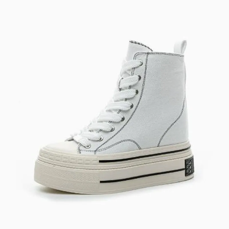 2026 New Women Chunky Sole Canvas Sneakers 12cm Platform Casual High-Top Shoes Built-In Height Increase Ultra High Heel Versatil
