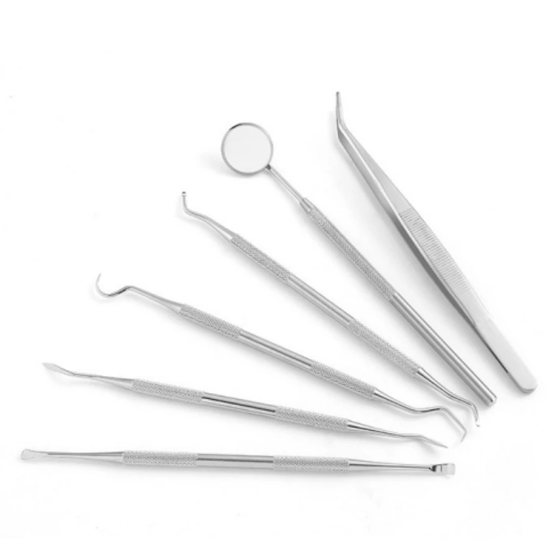 6 قطعة الفولاذ المقاوم للصدأ طبيب الأسنان أدوات نظيفة الفم مرآة مزدوجة ينتهي التحقيق الملقط مكشطة منظف الأسنان مع حقيبة للتخزين #5