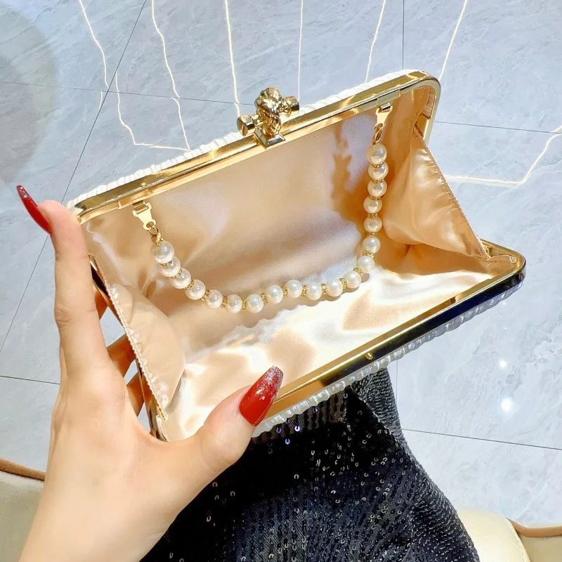 New Luxury Design Pleated Banquet Bag Handbag For Sociality Pleated EveningGown Bag Square Small Diamond Studded Pearl Chain Bag