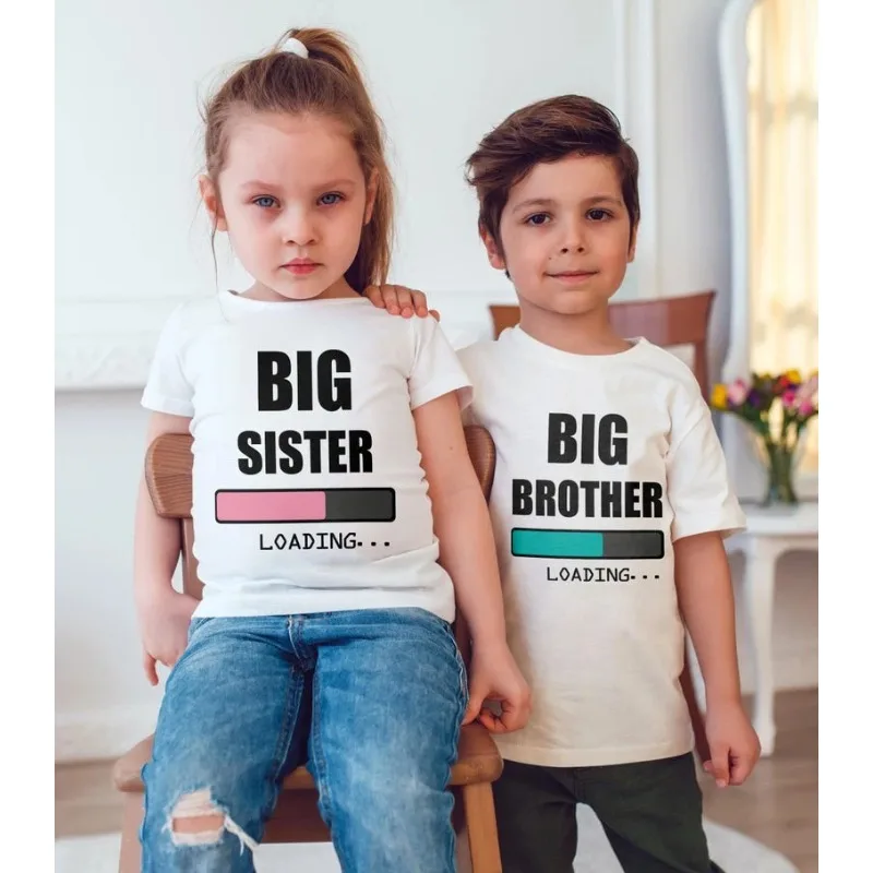 Big Sister/brother Loading Funny Kids Girls Boys Announcement Mommy Pregnant T Shirt Fashion Toddler Casual Short Sleeve Tees