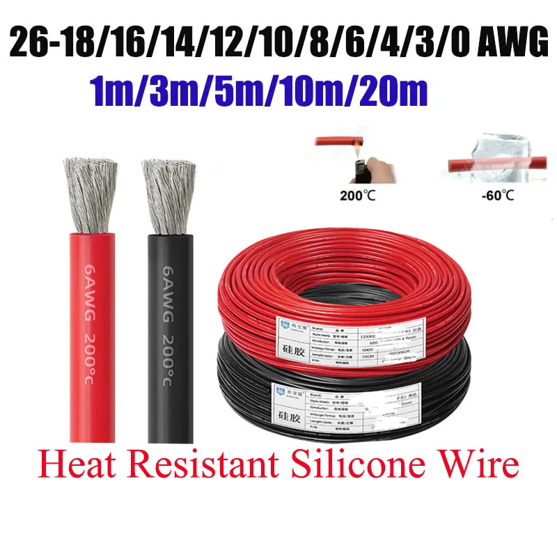 

Silicone Wire Solar Battery Electrical Cable 0 3 4 6 8 10 12 14 AWG Heat Resistant Red Black 50mm2 Cord for RV Car Inverter Auto