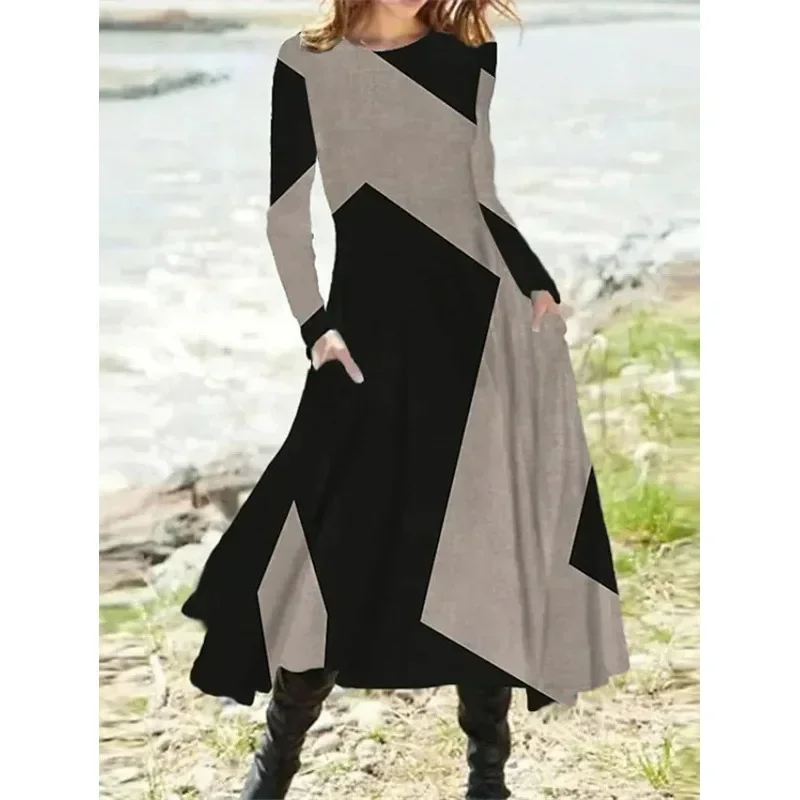 

Long Dress Casual Eid Style Retro Autumn and Winter Long Sleeved Oversized Swing Maxi Dresses Patchwork Streetwear Vestidos