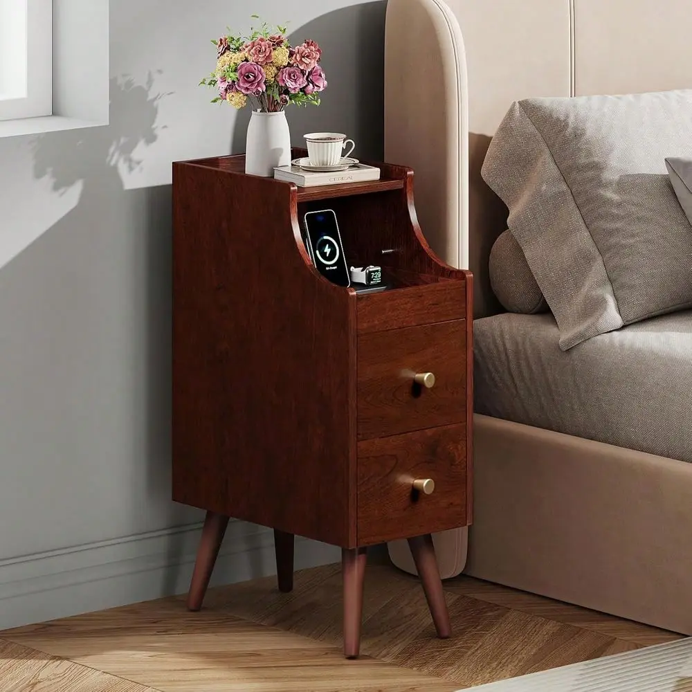 Nightstand With Drawers, Narrow Bedside Tables With Open Shelf Cable Hole, Narrow Nightstand For Bedroom, Modern Storage Cabine