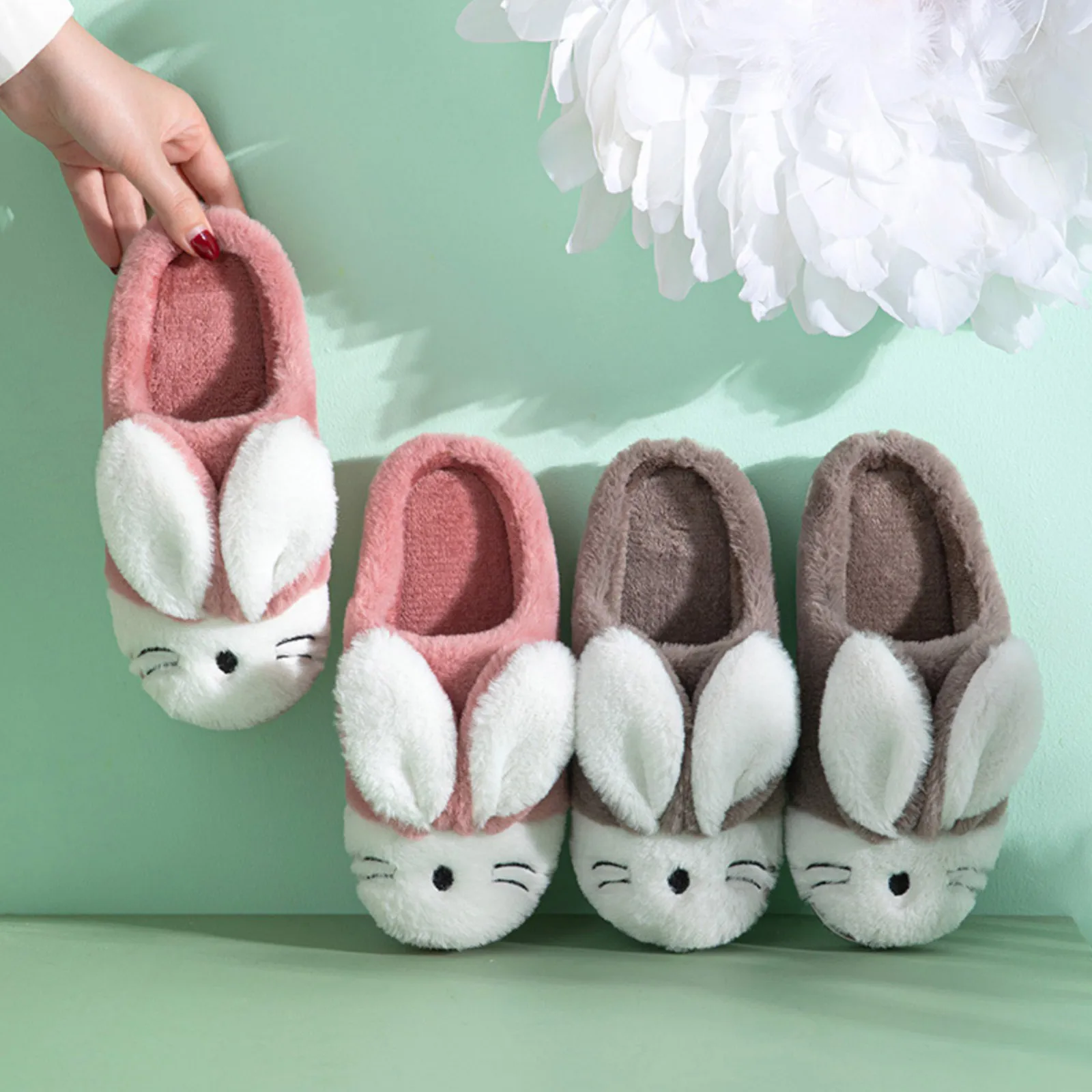 New Winter Slippers Cartoon Rabbit Warm Cotton Slippers Children Girls Indoor Floor Flat Non-slip Cover Heel Home Plush Shoes