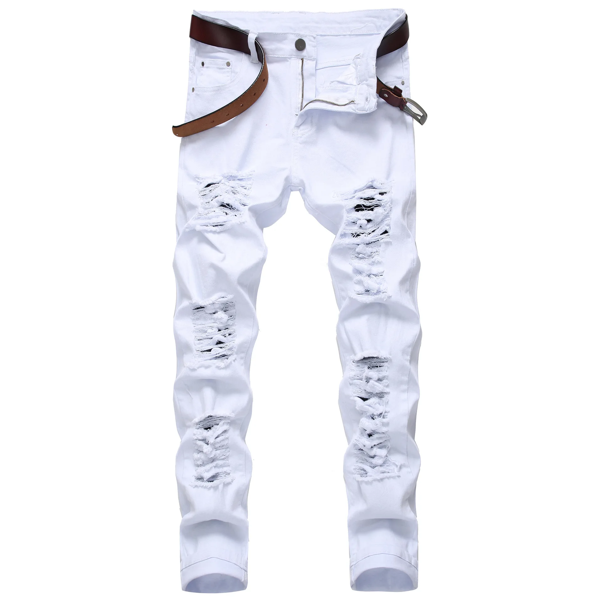 Straight Hole Destruction Trousers Distressed Jeans Men Denim Trousers Fashion Designer Brand White Pants Male Large Size