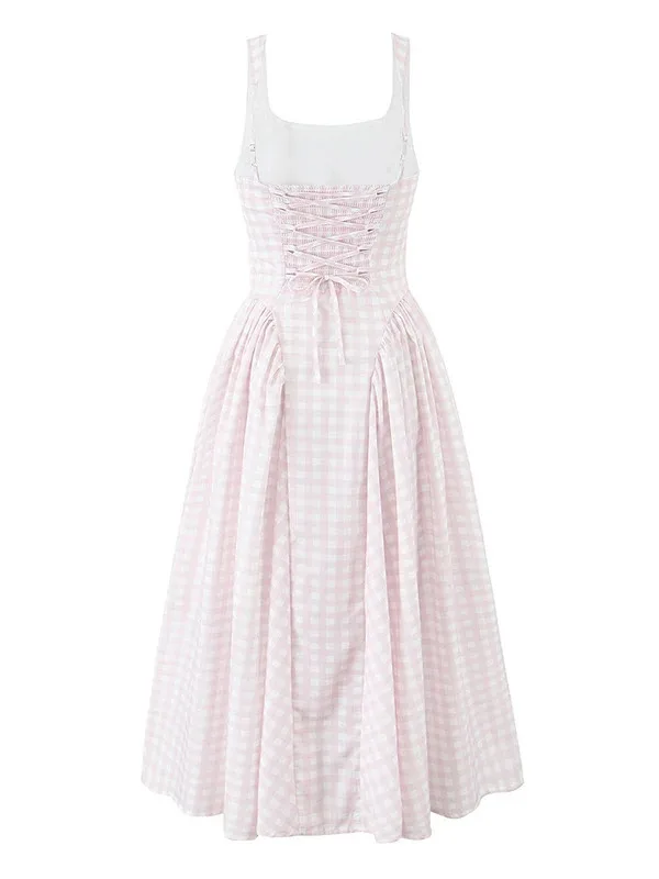 ชุดเดรสสายเดี่ยวผ้าลายสก็อตผูกเชือก ดีไซน์หรูหรา คอเหลี่ยม เอวต่ำ ทรงเอไลน์ ความยาวปานกลาง สำหรับฤดูร้อน งานปาร์ตี้วันหยุด รุ่น F374 ปี 2025