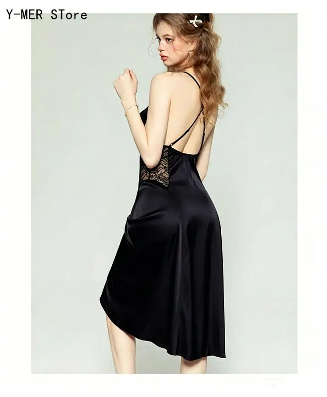 Sexy High-Slit Satin Lace Cami Nightgown with Bra Pads, Open-Back Dress & Matching Robe, Women Charming Sleep Loungewear Set