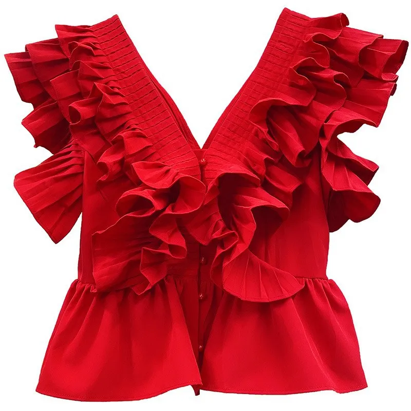 Camicia corta in Chiffon plissettato con bordo a balze elegante francese Top camicetta rossa monopetto senza maniche con scollo a v moda estiva da donna