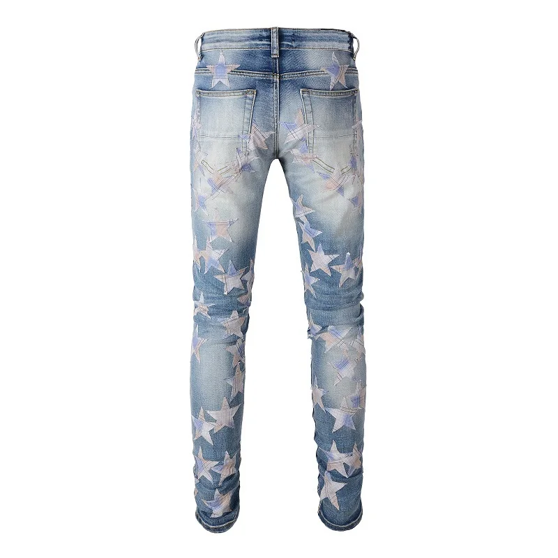 Best Sellers Men's Distressed Streetwear Light Blue Denim Pants Stars Patchwork Holes Ripped Jeans Pants