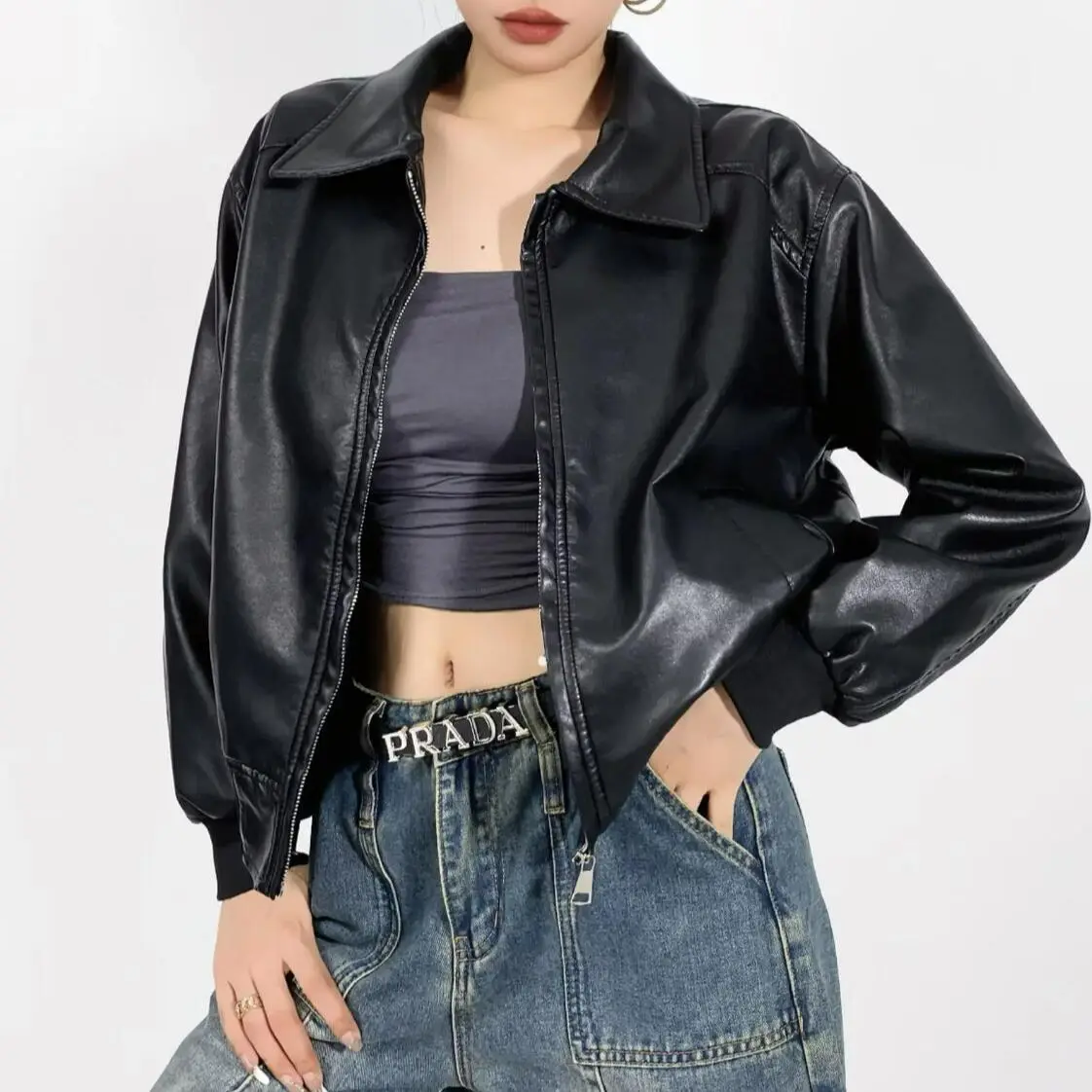 2023 American Retro COOL Women Vintage PU Leather Jacket Fashion Zipper Full  Sleeve Coat Loose Short Outwear Black Brown