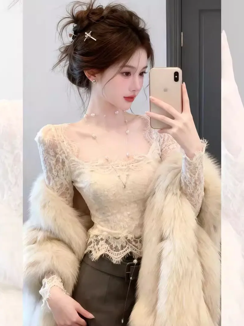 

Pure Desire Sexy Low Neck Lace Base Shirt Women's Autumn Winter 2026 New Style Fur Inner Wear Layered Long Sleeve Slim Fit Top