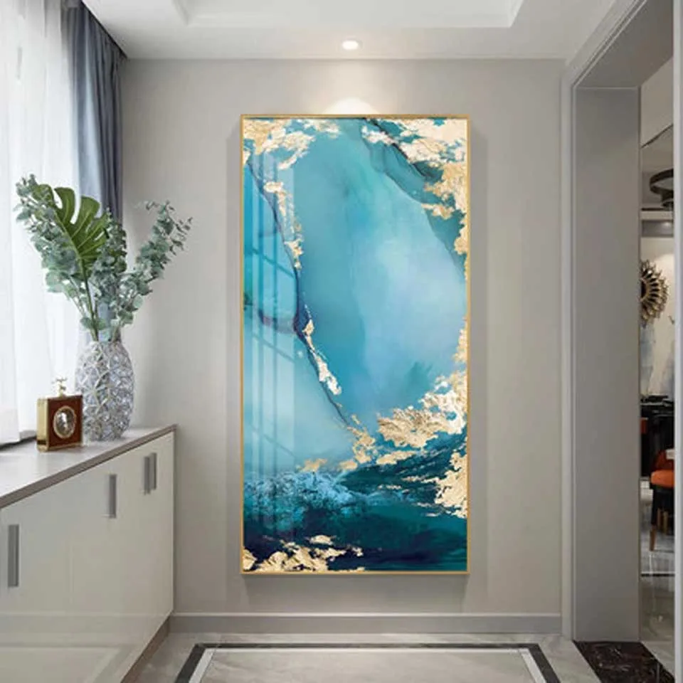 Modern abstract green gold leaf diamond painting art fashion blue diamond mosaic wall image for living room elegant home decor