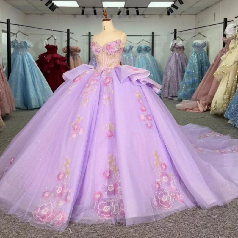 

lilac Shiny Quinceanera Dresses Off The Shoulder Applique Lace Beading Crystal Tull Party Birthday Sweet 16 Dress Vestidos 15