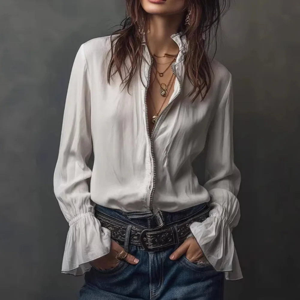 Loose-fitting Fashionable, Long-sleeved Zippered, Solid Color. Round-neck. Women's Top, Shirt Style, Loose Fit Clothing Femme