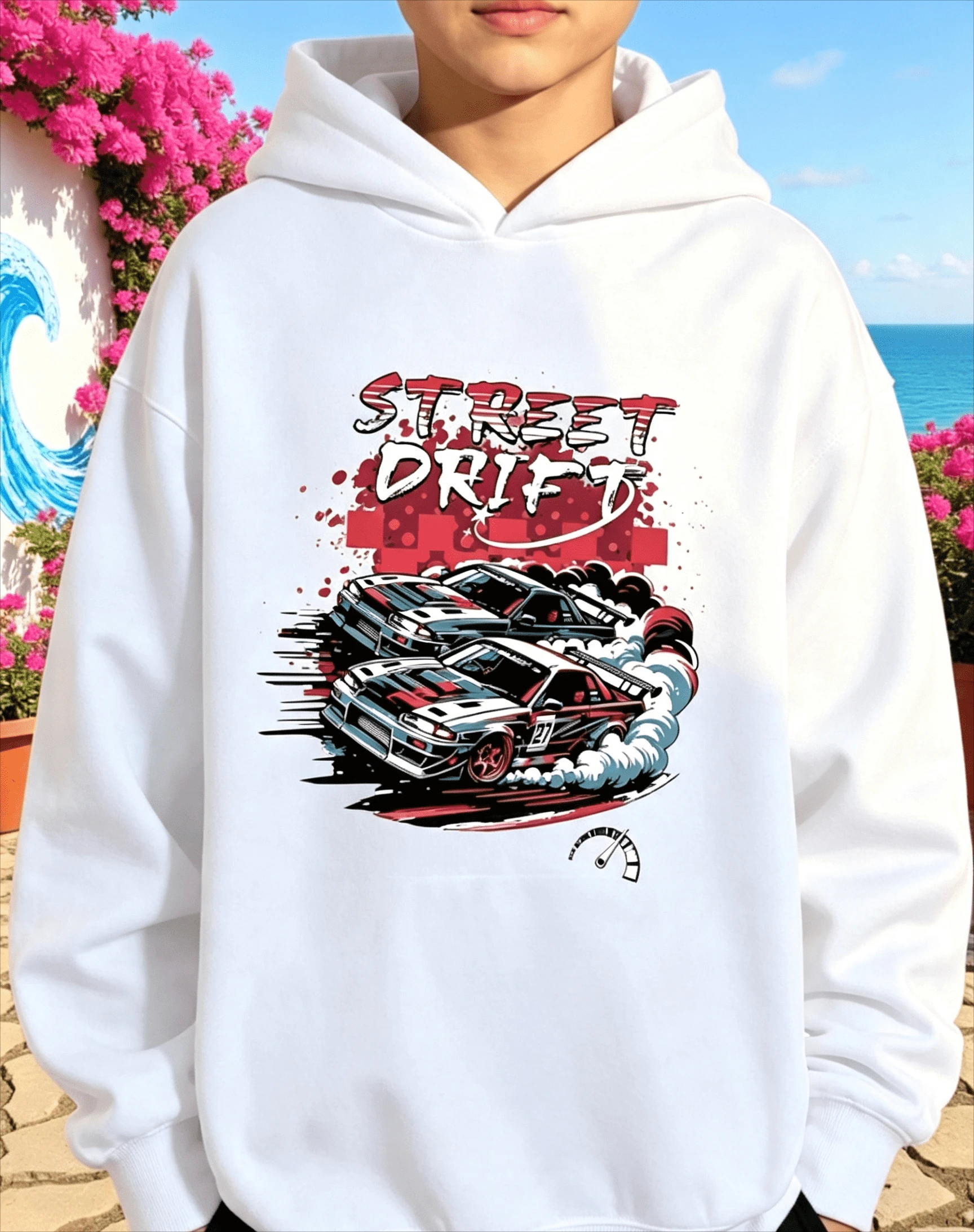 Street drift racing pattern children's hooded sweater long-sleeved pullover boys trend car culture children's clothing