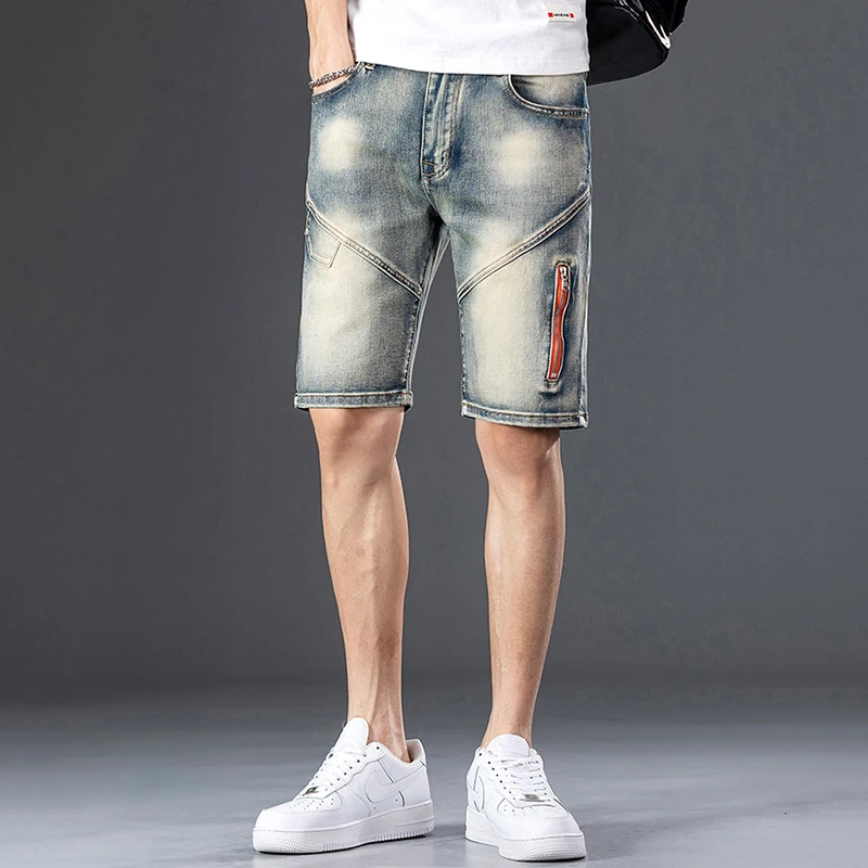 REDDACHIC Patchwork Vintage Wash Denim Shorts Men Stretch Summer Knee Long Straight Jeans Jorts Driver Lumberjack Y2k Trousers