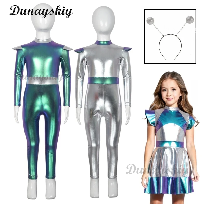 

Костюм для косплея для девочек и мальчиков, блестящий металлический костюм для всего тела, космический космонавт, робот, комбинезон для ролевых игр, вечерние наряды на Хэллоуин