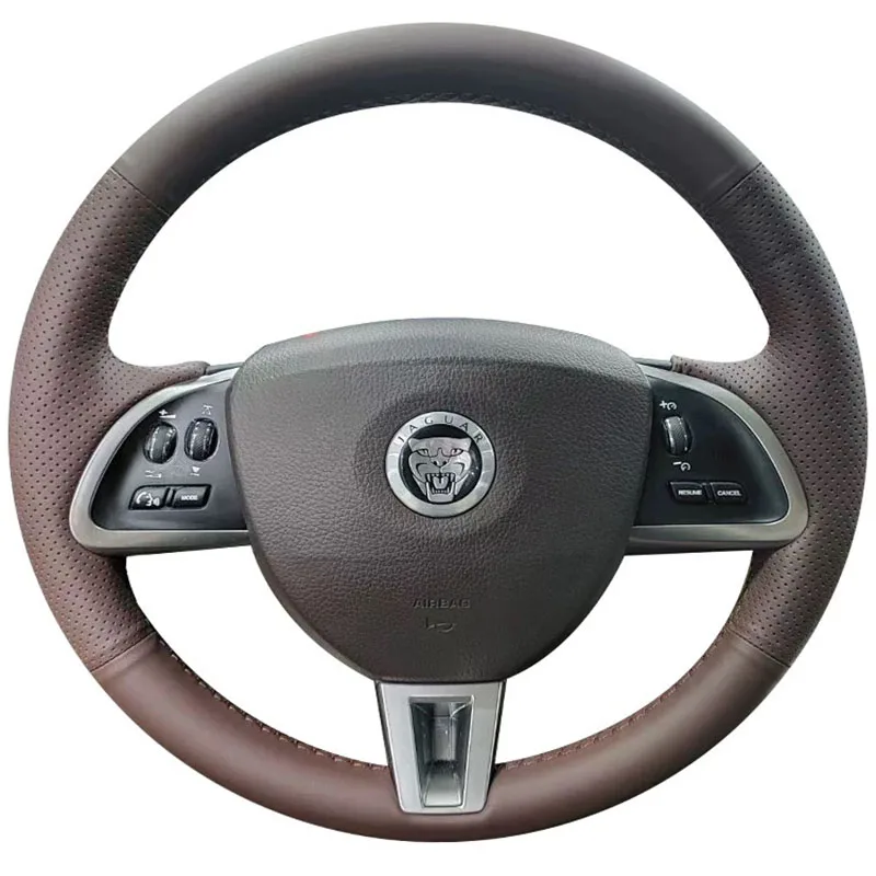 For Jaguar S XF Sportbrake Hand-stitched Non-Slip Genuine Leather Peach Wood Grain Car Steering Wheel Cover Interior 2014 2015