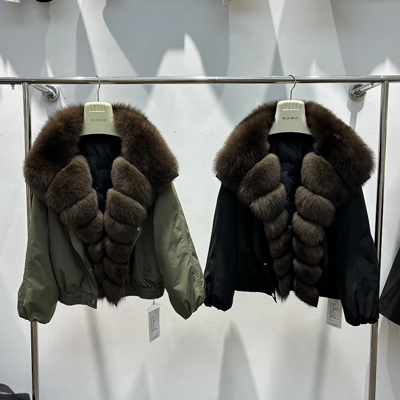 2023 neue Ankunft Frauen Abnehmbare Abnehmbare Große Echt Fox Pelz Kragen Parka Warme Gans Unten Jacke Lose Oversize Parka Mäntel