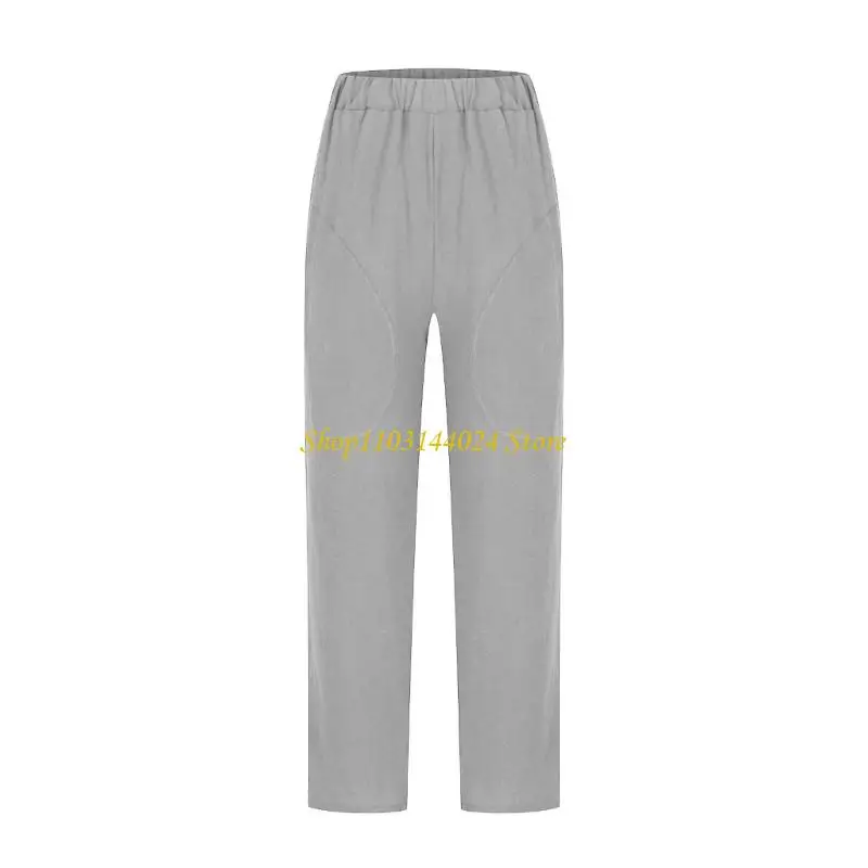 N5KE Cotton Linen Pants Women Casual   Trendy Loose Fit Beach Wide Straight Leg Trousers with Side Pockets