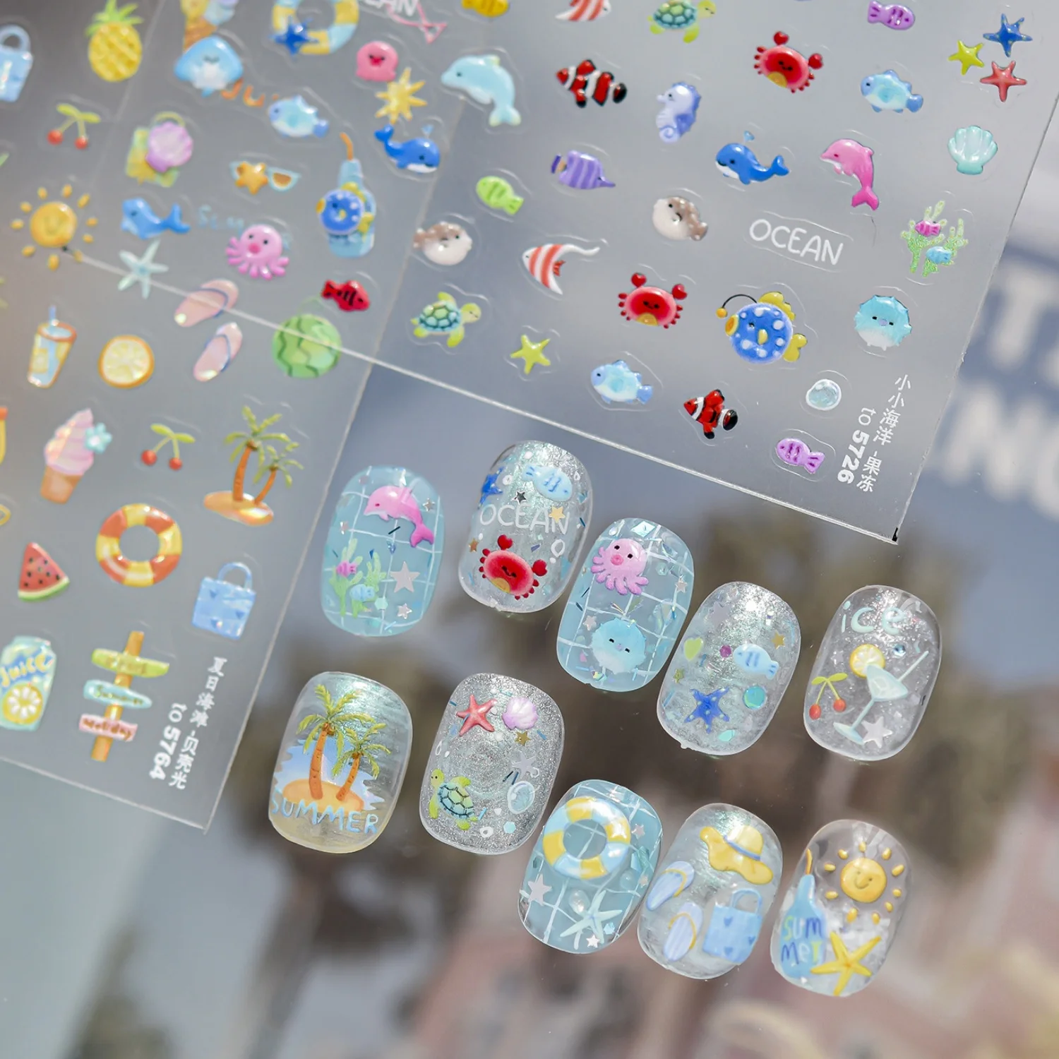 5D Ocean World Nail Stickers Summer Marine Style Dolphin Octopus Crab Turtle Tropical Fish Shell Nail Decals Cute Sea Manicure