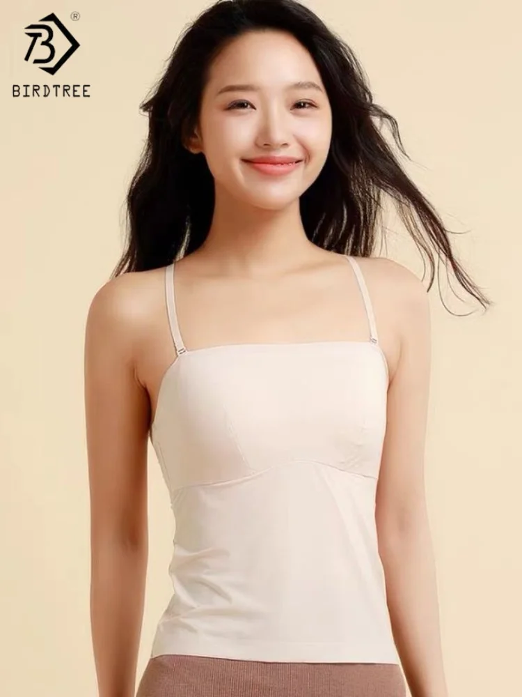 

Жилет на бретельках из 100% тутового шелка с подкладкой Birdtree, женское сексуальное мягкое дышащее нижнее белье с полной чашкой, осенний бюстгальтер без следов 2025 A59037JF