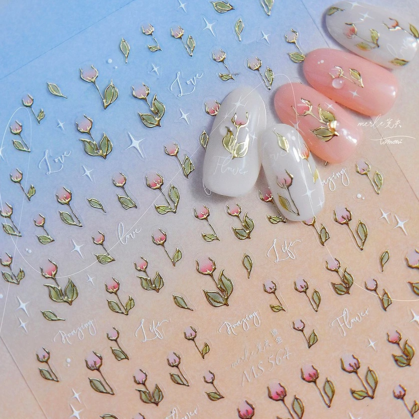 

Mini Tulip Flower Dizzying Pink Petal Green Leaves White Star Cute Plant Hot Stamping Adhesive Nail Art Stickers Manicure Decal
