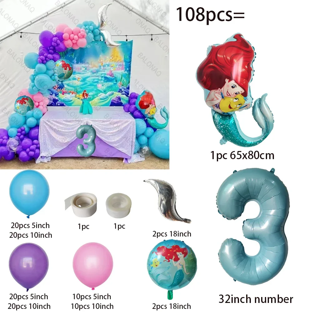 108pcs Ariel Mermaid Balloon Birthday Party Decoration Ariel Party Latex Balloon 1-9 Year Old Girl Birthday Balloon Supply