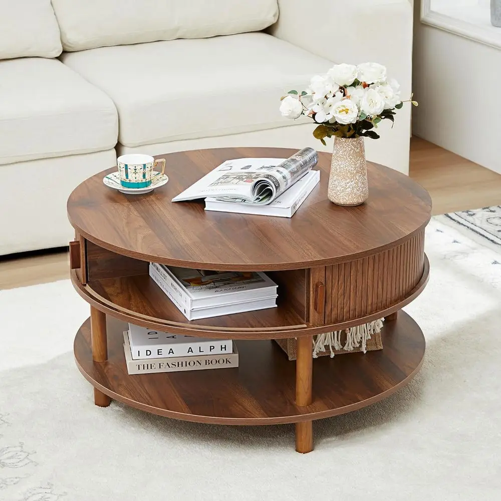 

Round Coffee Table with Storage, 2 Tier Sliding Door, Solid Wood Legs, Ideal for Small Spaces, Walnut Finish