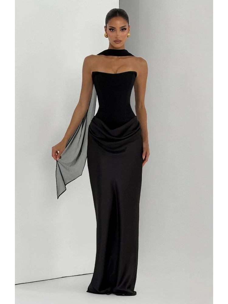 

Solid Color Sexy Strapless and Hip Hugging Dress for Dinner, Tight Fitting Dress with Satin Straps and Elegant Club Long Dress