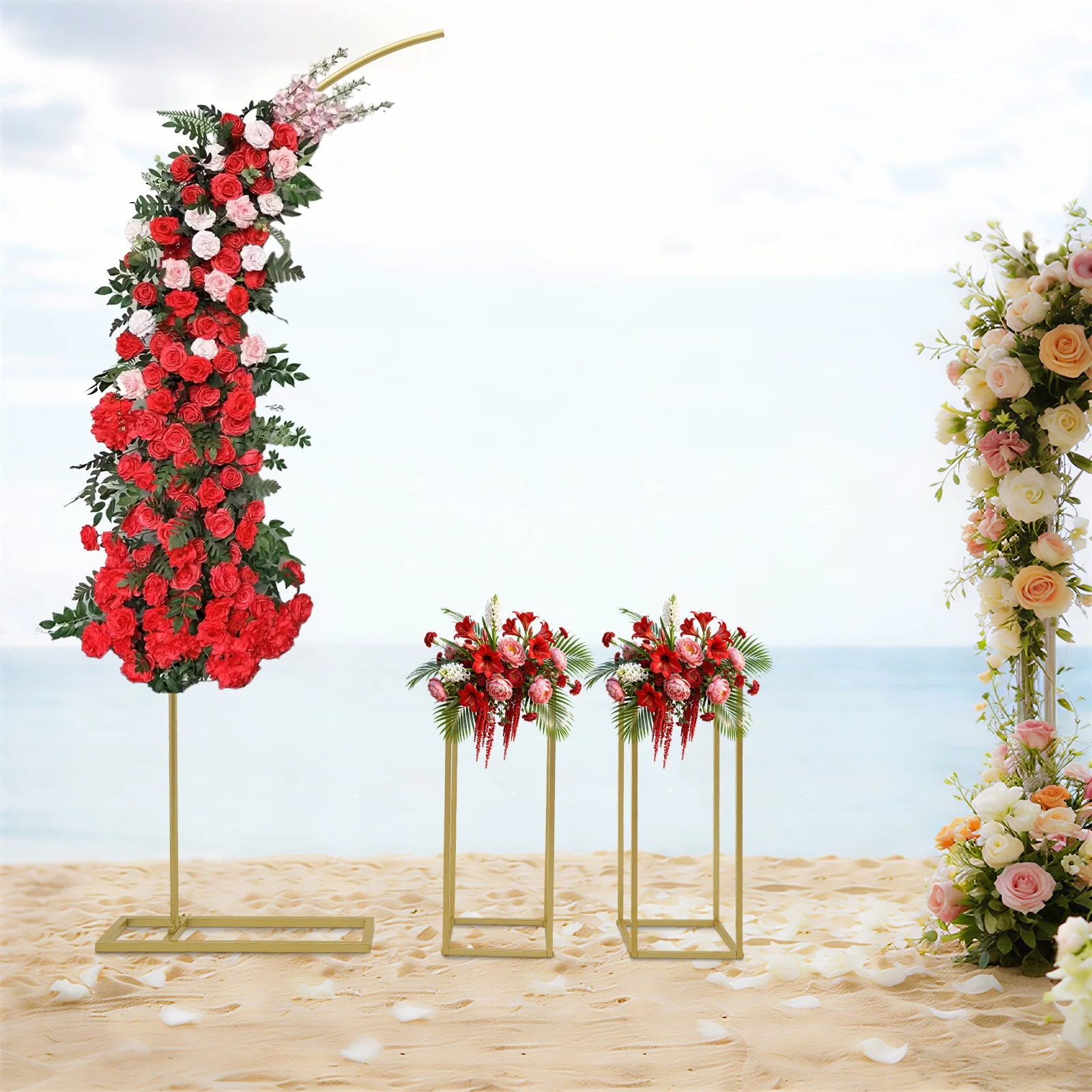 Gold Metal Square Floral Frame Wedding Arch Backdrop Stand 3Pcs Complete Set High Temp Baking Paint Stable Weighted Base Easy Assemble Clean DIY Floral Garland Gauze Prop for Wedding Venue Banquet Event Photo Booth Decor