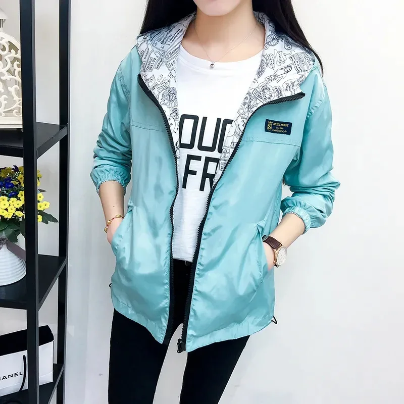 2025 Spring Autumn Women Jacket Fashion Hooded Windbreaker Famale Two Side Wear Cartoon Print Outwear Loose Coat Bomber Jackets