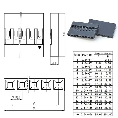 Dupont 암-암 2.54mm, 22AWG 케이블, 단일 행 2.5mm 피치, 1, 2, 3, 4, 5, 6, 7, 8, 9, 10 핀 하우징 (DU-FF-1-10P)