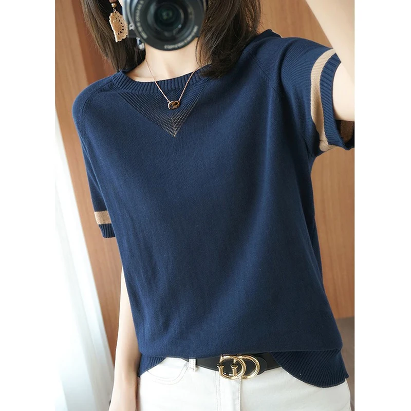 Summer New Round Neck Patchwork Knitting Pullover Top Women Short Sleeve Loose Casual All-match T-shirt Ladies Oversized Tees