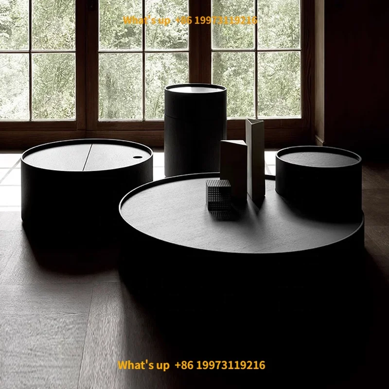 

2026 Minimalist Black Veneer Round Coffee Table Modern Simple Living Room Revolving Storage Coffee Table