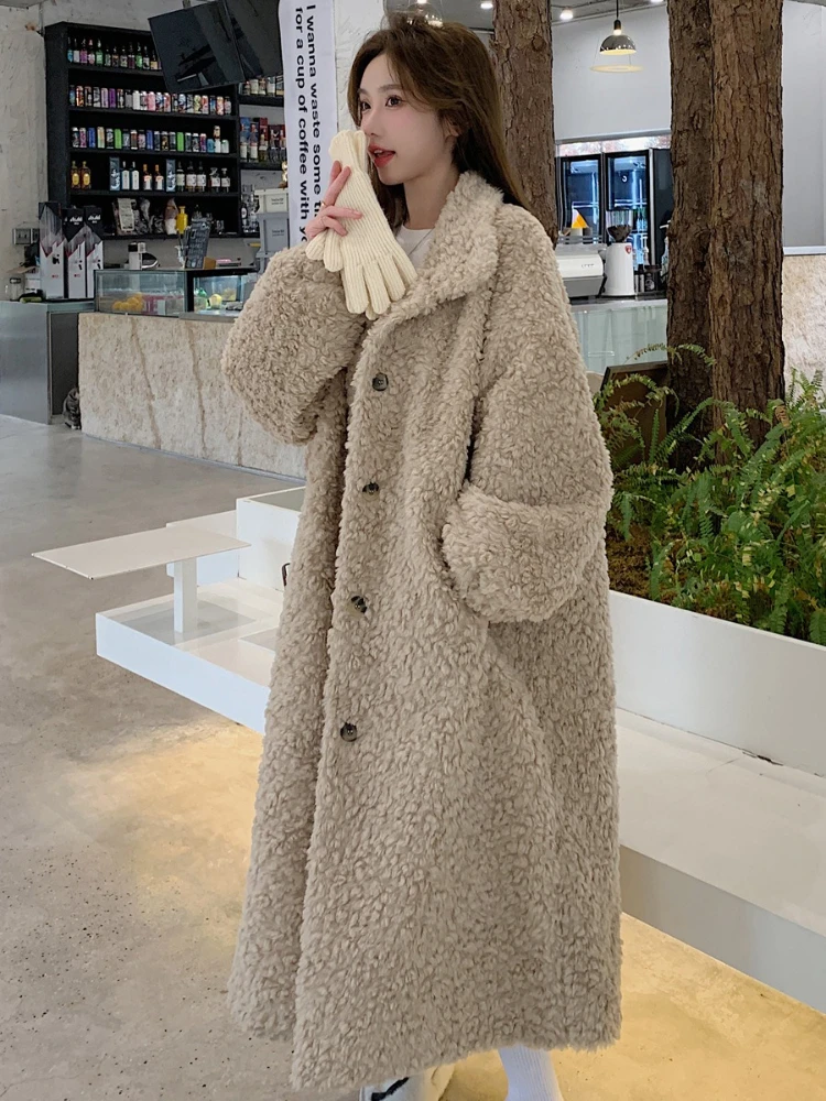 Manteau Long d'hiver en fourrure d'agneau pour femmes, col montant, couleur unie, simple boutonnage, vêtements amples, Parkas épais et chauds, nouvelle collection 2025