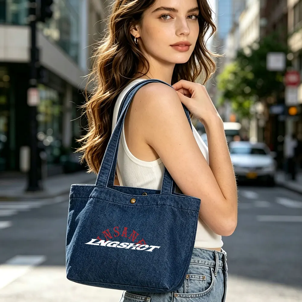 Kpop Lngshot INSANE Tote Bag Women Small Denim Shoulder Bag for Beach Travel Shopping