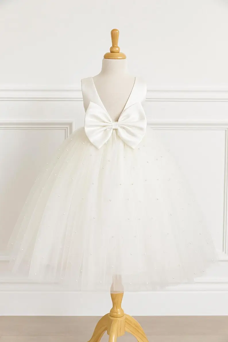 Pearl Tulle V-Back Ankle Length Wedding Flower Girl Trendy Summer Pageant Infant Toddler Princess Photoshoot Winter Girl Dress