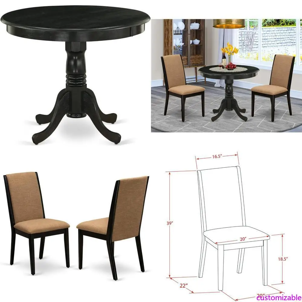 East West Furniture ANLA3-ABK-47: طقم طعام مكون من 3 قطع مع طاولة بقاعدة مستديرة وكرسيين خفيفين #1