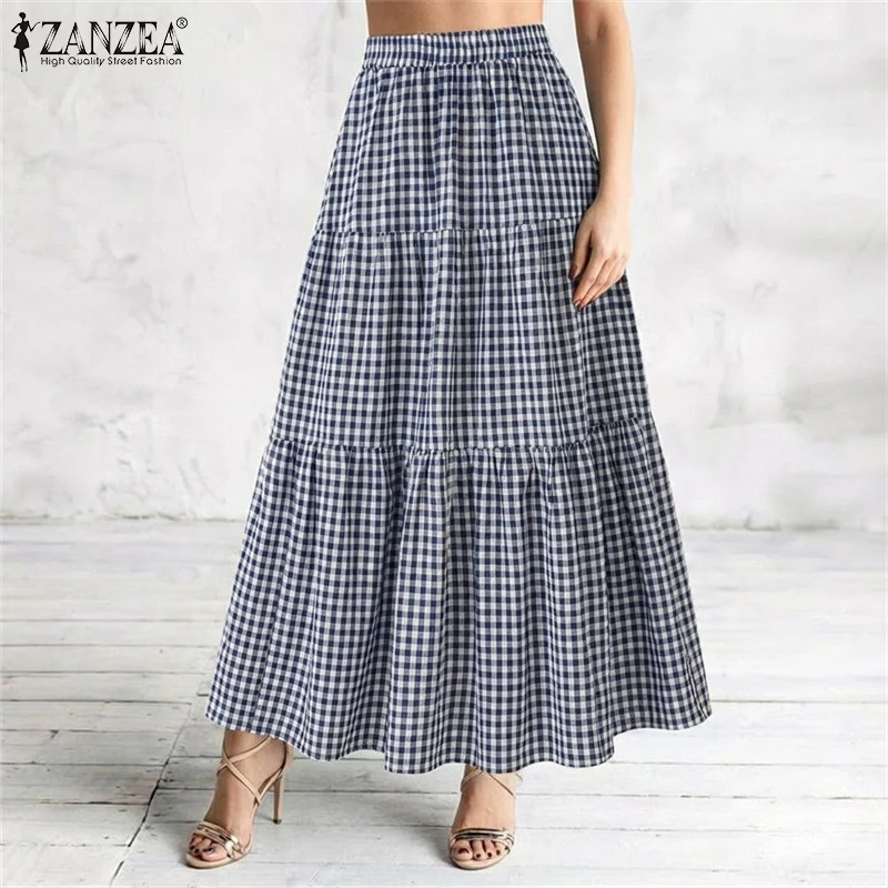 ZANZEA Spring Summer Plaid Long Skirts Women Jupes Stylish A-line Holiday Faldas Saia Casual Elastic Waist Baggy Work Skirt 2026