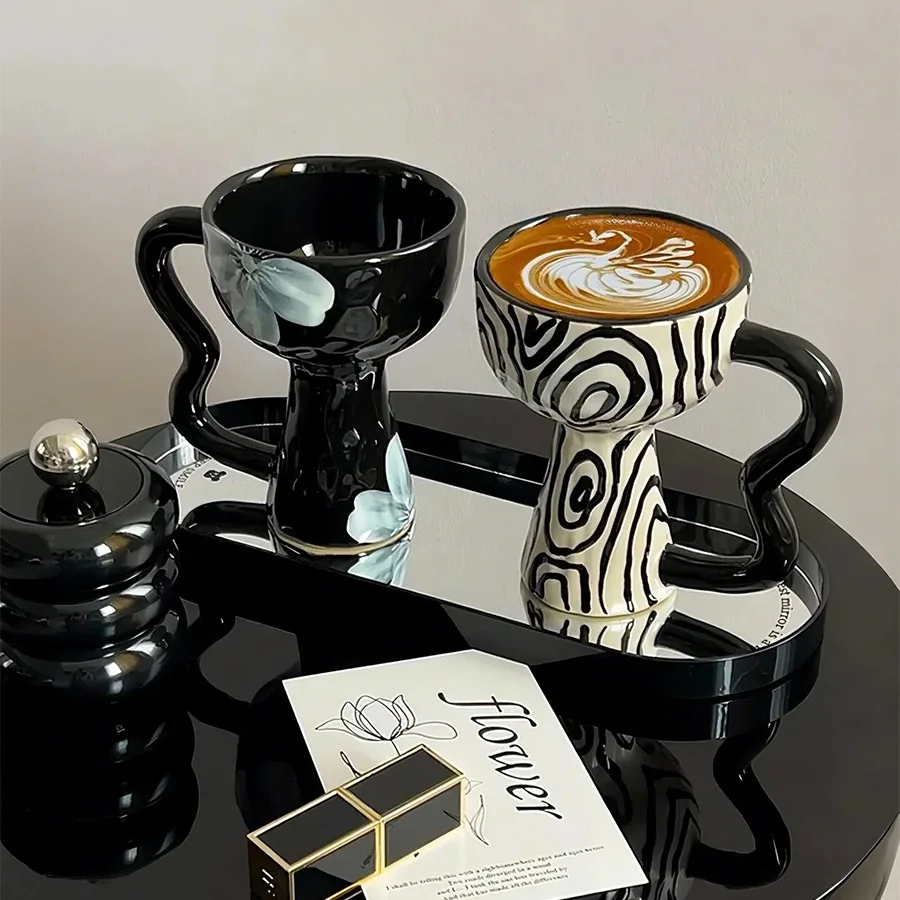 High-footed Coffee Cup Ceramic High Appearance Level Handcrafted Creative Art Dessert Ice Cream Cup Small-scale Retro-style Mugs